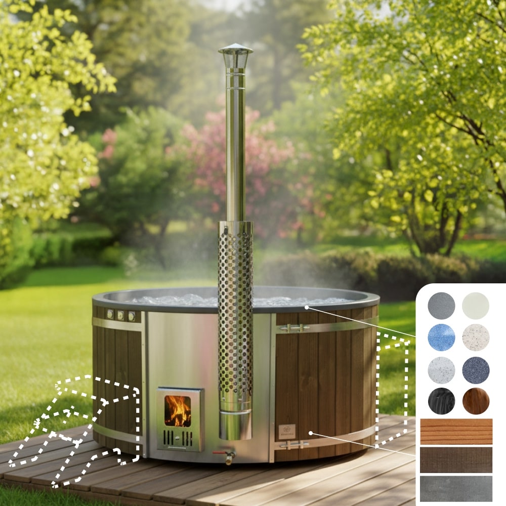 Outdoor view of configurable XL wood fired hot tub for 6-8 with integrated heater and stainless steel chimney