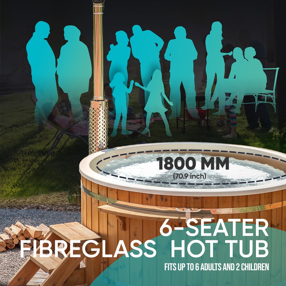 Fiberglass hot tub with people silhouette graphic in the background