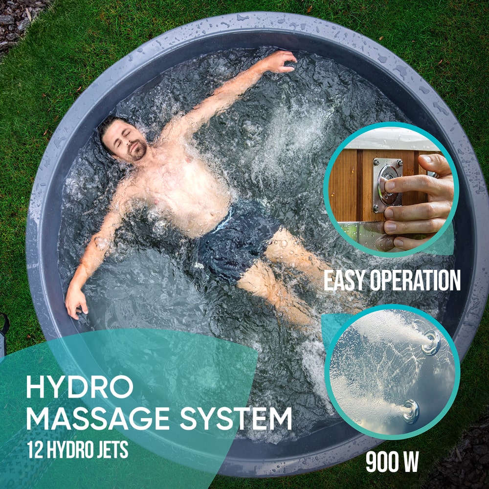 Person using a hot tub with a hydro massage system and easy operation features highlighted.