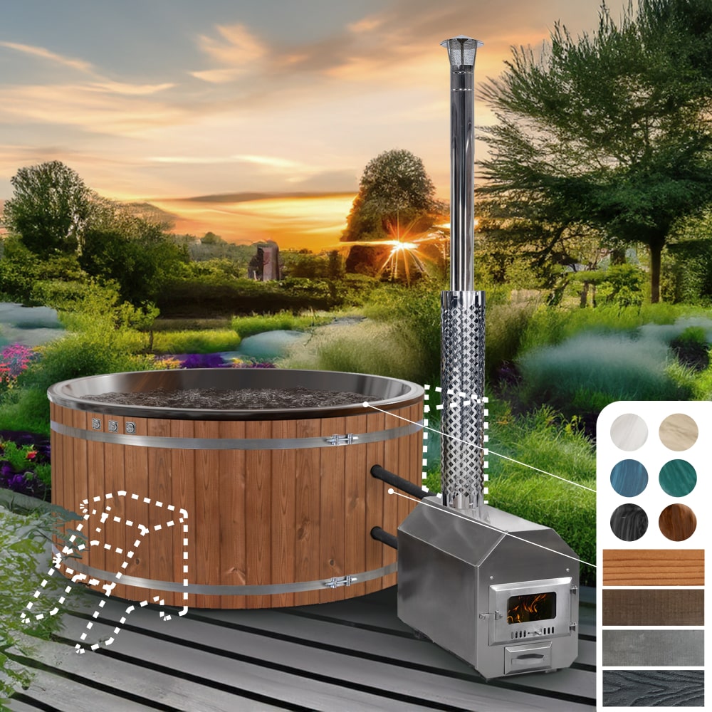 Wood-fired hot tub with chimney in a garden setting during sunset.