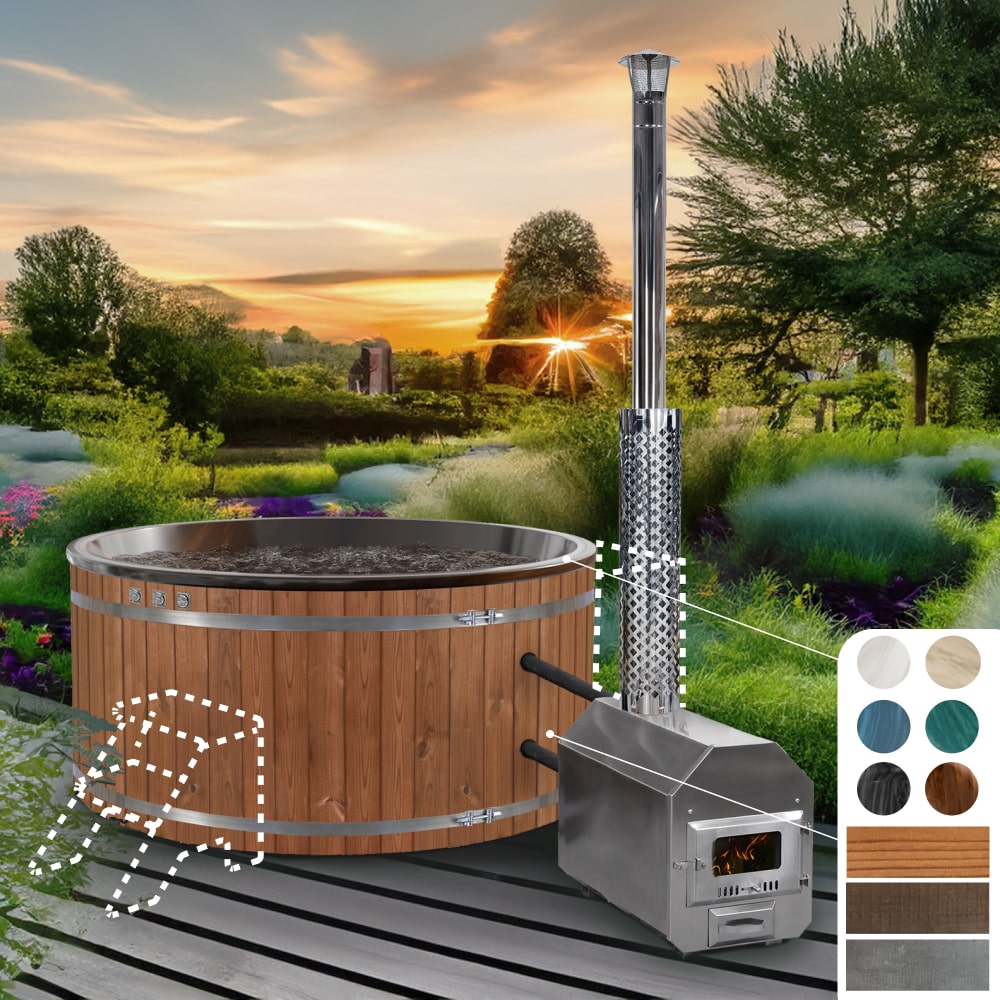A round hot tub with thermoWood cladding and an external stainless steel heater with a chimney flue.