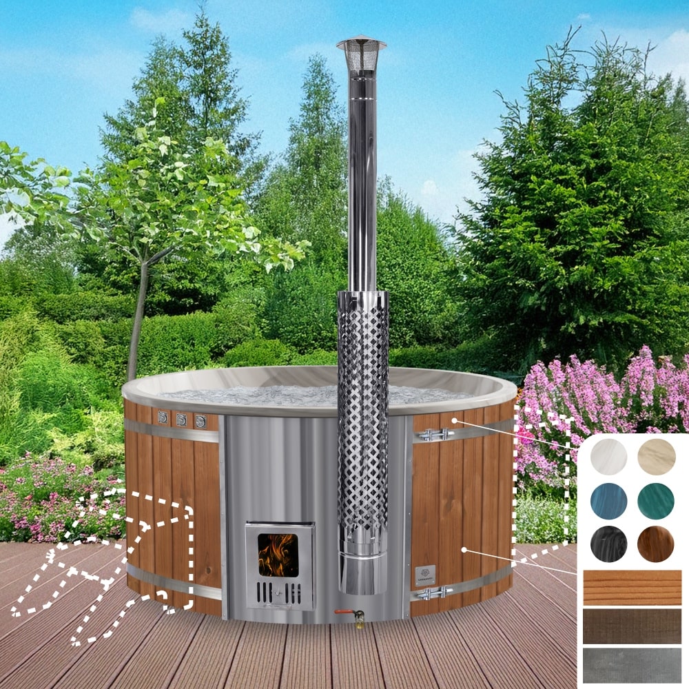 A round wood fired hot tub with marble colors, featuring wooden cladding and a stainless steel chimney.