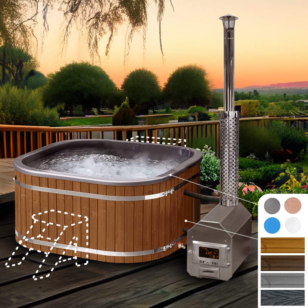 square Wooden hot tub with outdoor heater on a deck at sunset
