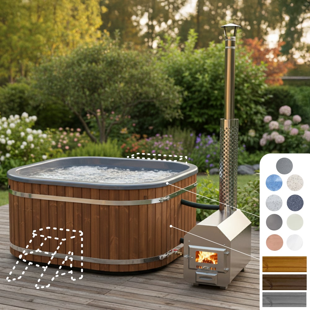 Square wood fired hot tub for 6-8 persons with external stainless steel heater and ThermoWood cladding in garden setting