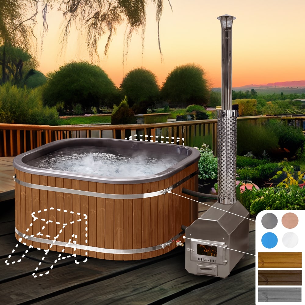 A square-shaped wood-fired hot tub with metallic colors, featuring an external heater and chimney