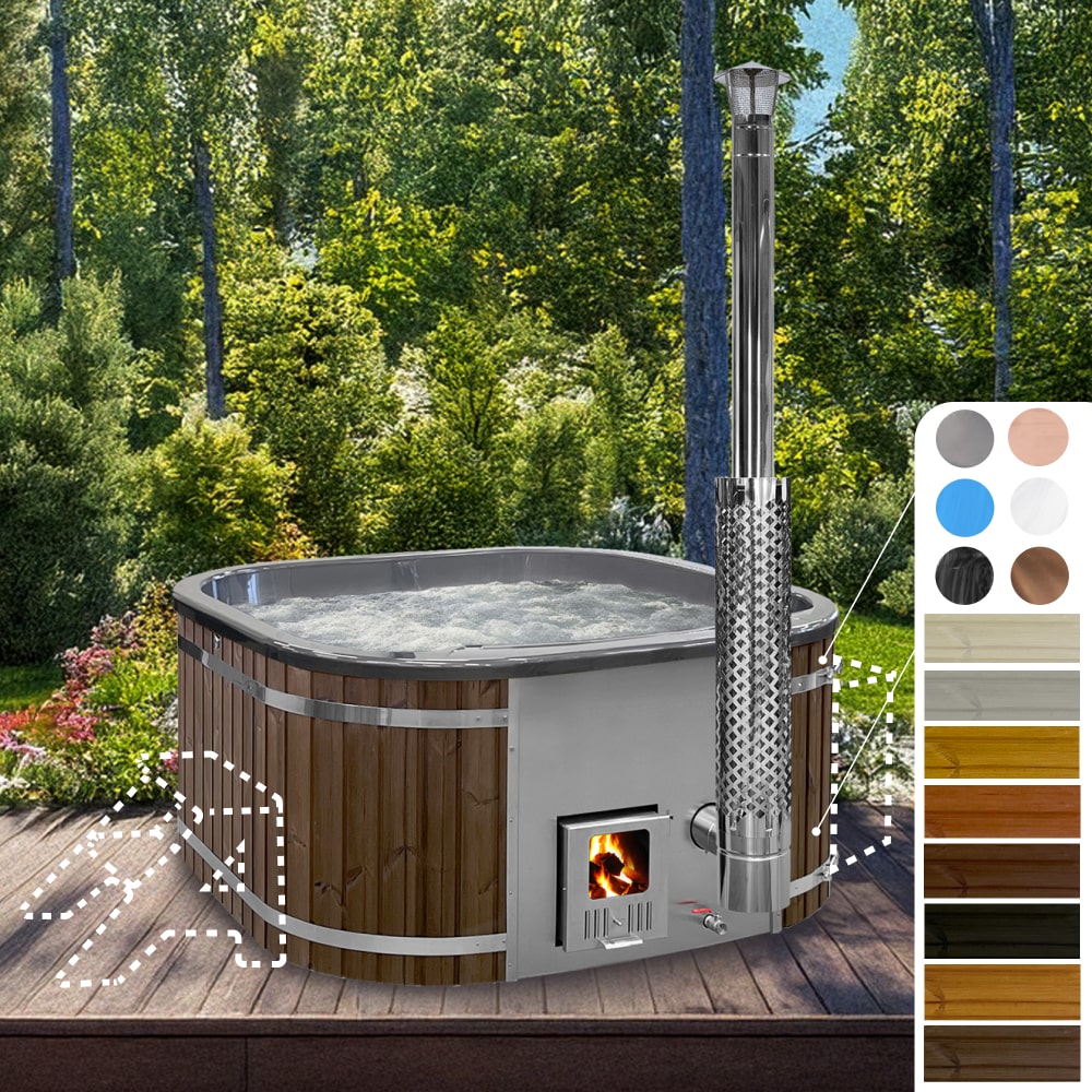 A square-shaped wood fired hot tub with metallic colors, featuring spruce wood paneling and a visible integrated heater with a chimney flue.