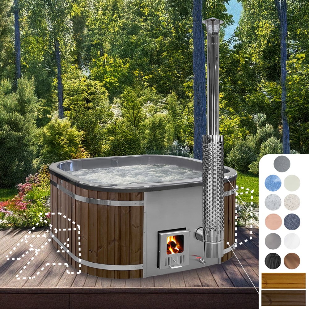 Outdoor view of wood-fired hot tub with stainless steel stove, wooden exterior, and bubbling water on wooden deck