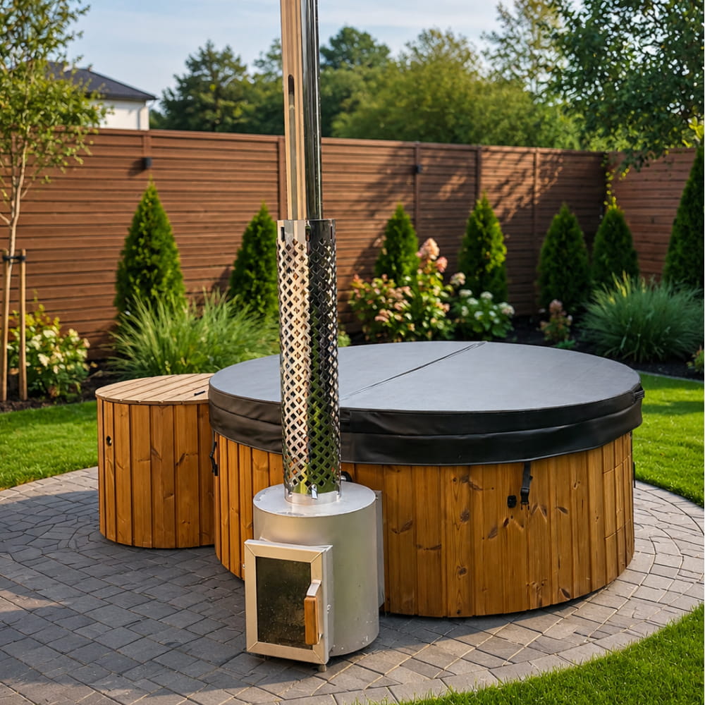 Flat Bottom Wood-Fired Hot Tub with 12 Hydro Jets and mini LEDs for 4-6 people