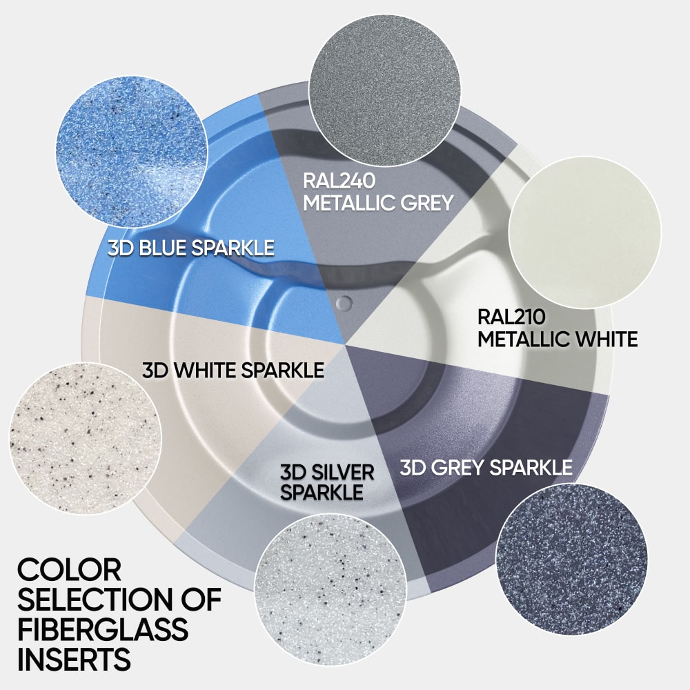 Color selection chart of fiberglass inserts for premium wood fired hot tub including metallic grey, white, blue, silver, and grey sparkle options