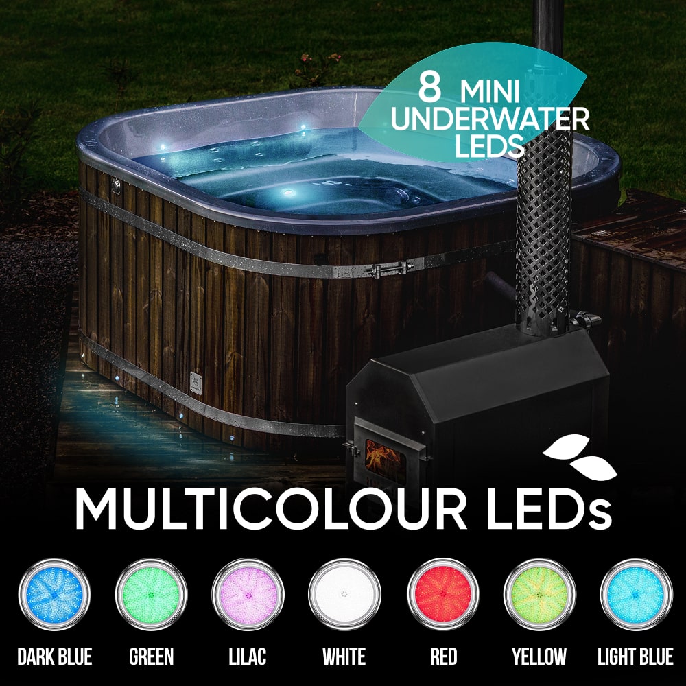 Premium Sandfilter Square Wood Fired Hot Tub with Jets | External stove | 24 jets | 4–8 seater
