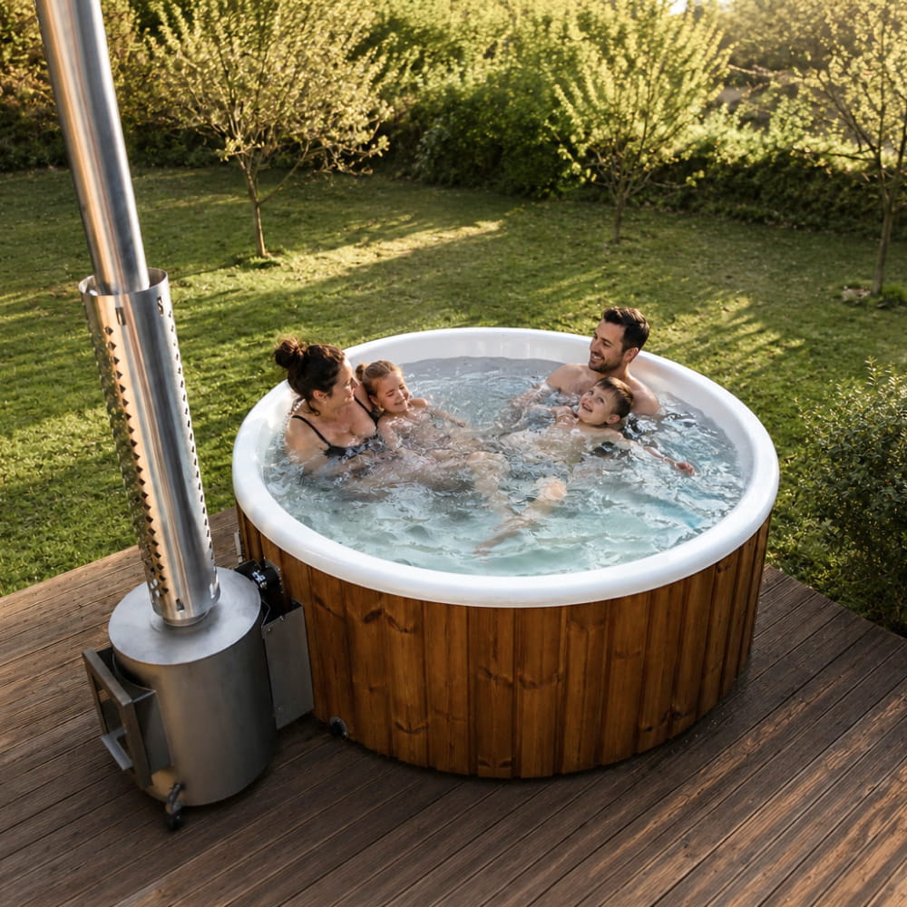 Flat Bottom Wood-Fired Hot Tub with 12 Hydro Jets and mini LEDs for 4-6 people