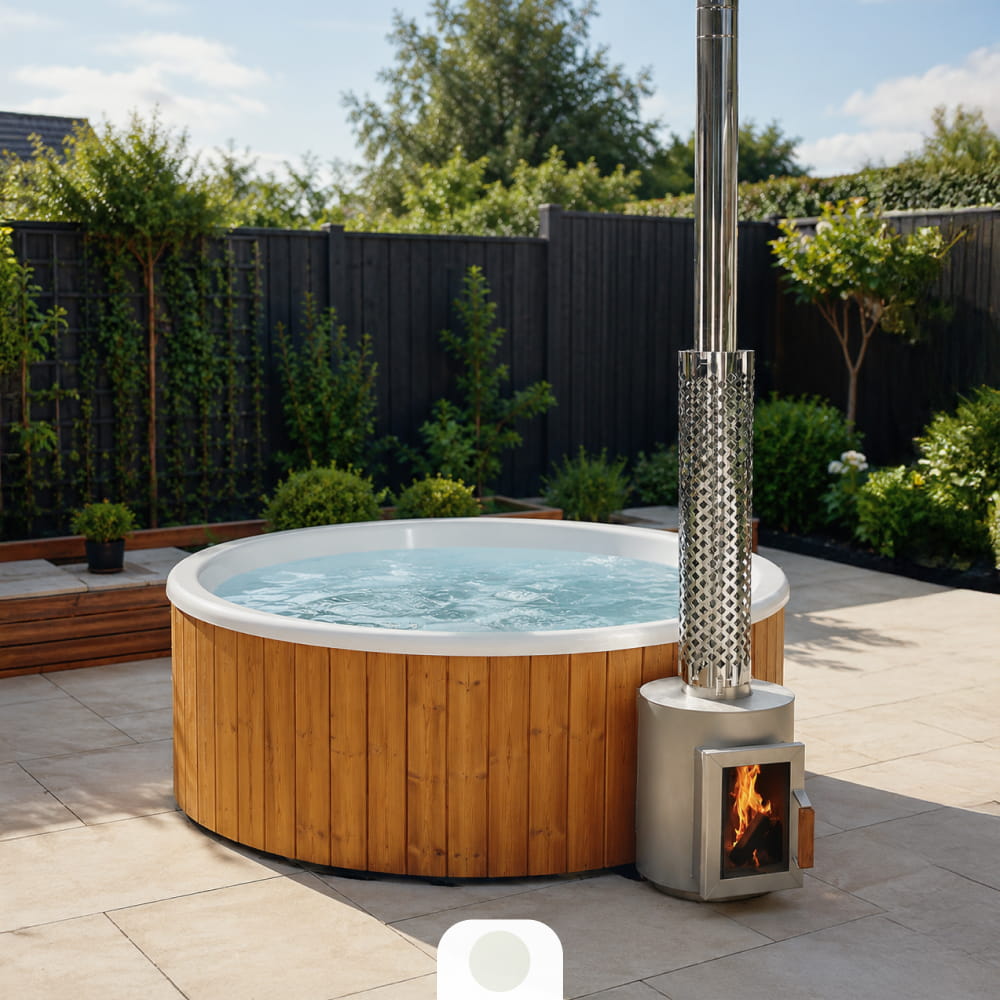 Flat Bottom Wood-Fired Hot Tub with Hydro Jets and LEDs for 3-4 people