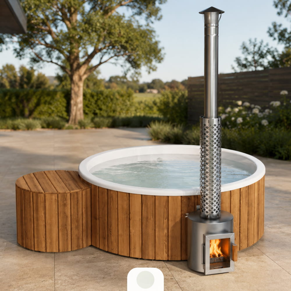Flat Bottom Wood-Fired Hot Tub with 12 Hydro Jets and mini LEDs for 4-6 people