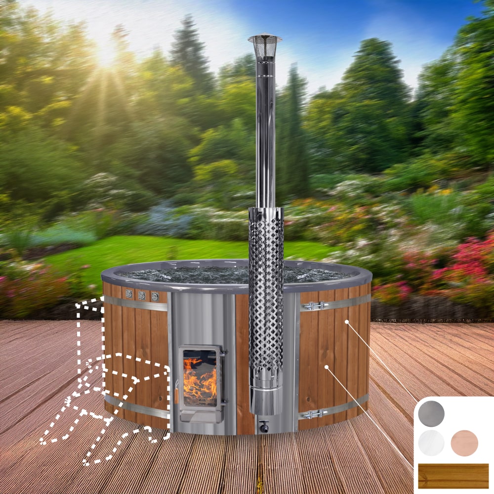 Wood-fired hot tub with wooden exterior and metal interior on a white background