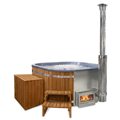 Square Wood Fired Hot Tub for 4-8 | With 28 Hydro Jets | Horizon Heater