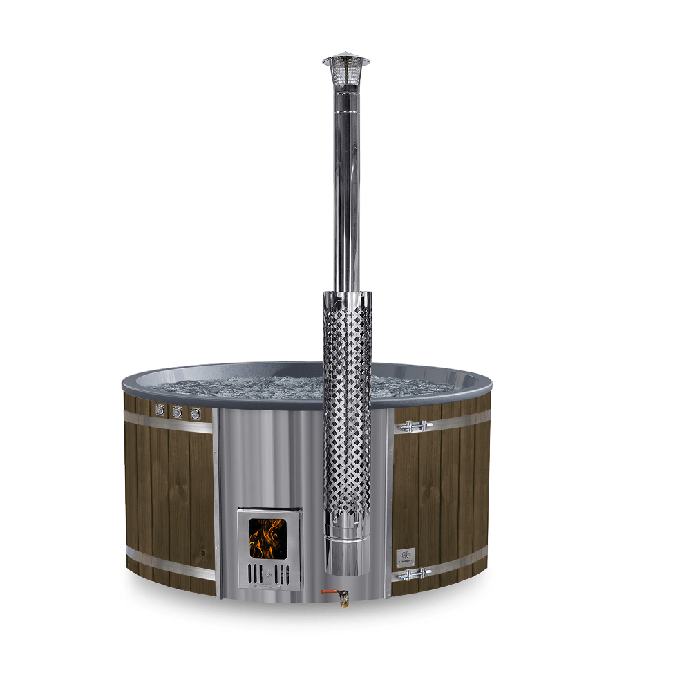 Front view of Configure XL 6-8 seater wood fired hot tub with integrated stainless steel heater and wooden outer panels