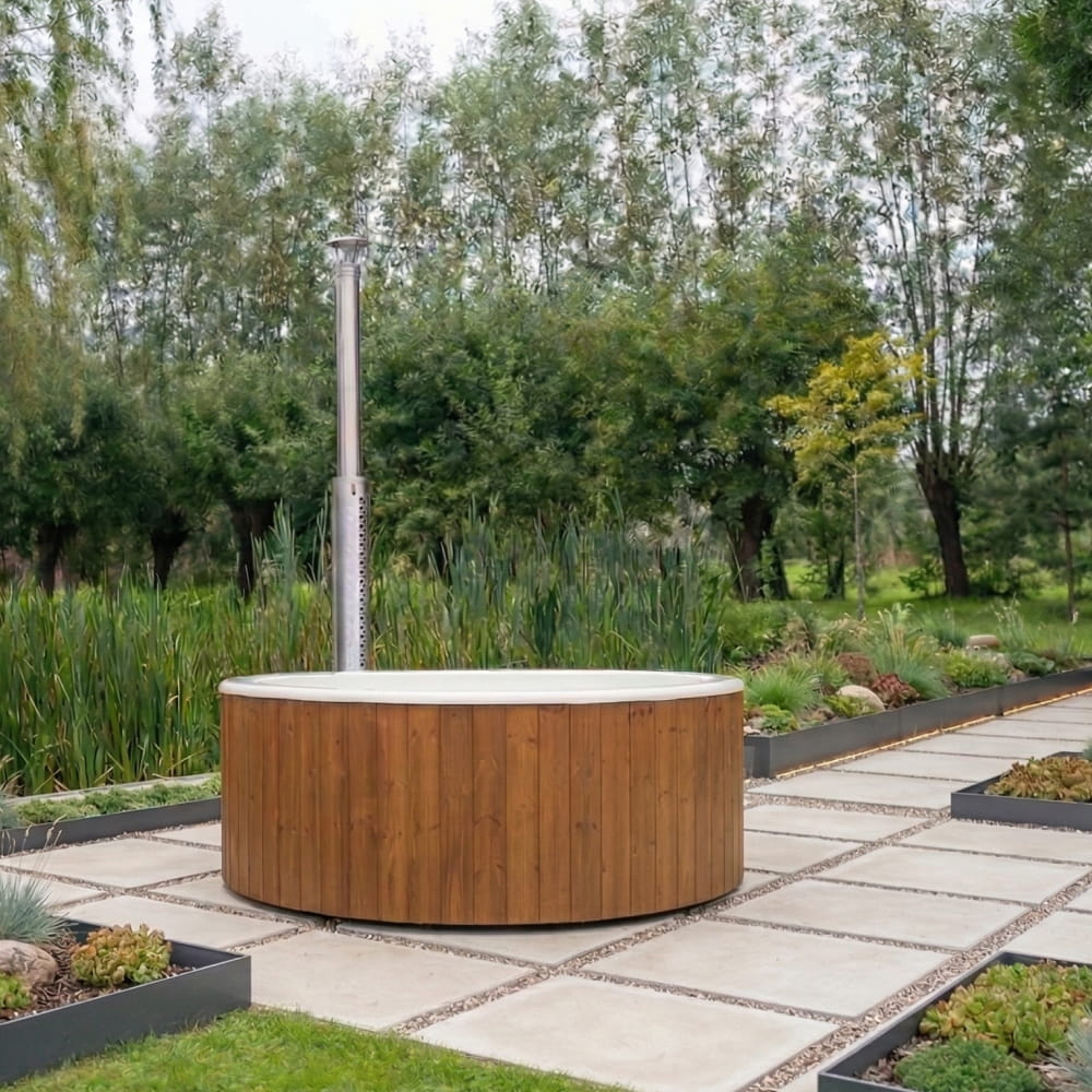 Flat Bottom Wood-Fired Hot Tub with Hydro Jets and LEDs for 3-4 people