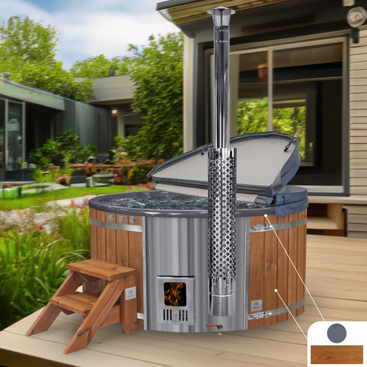 Wood fired hot tub | 16 hydro & 12 air jets | Grey fibreglass insert | for 4-6 Persons | Pre-configured