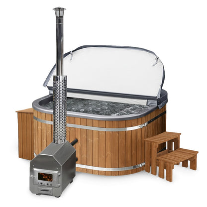 Square Wood Fired Hot Tub with Jets | External stove, sand filter & UV-C | 16 jets | 4–8 seater
