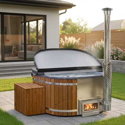 Square Wood Fired Hot Tub for 4-8 | With 28 Hydro Jets | Horizon Heater