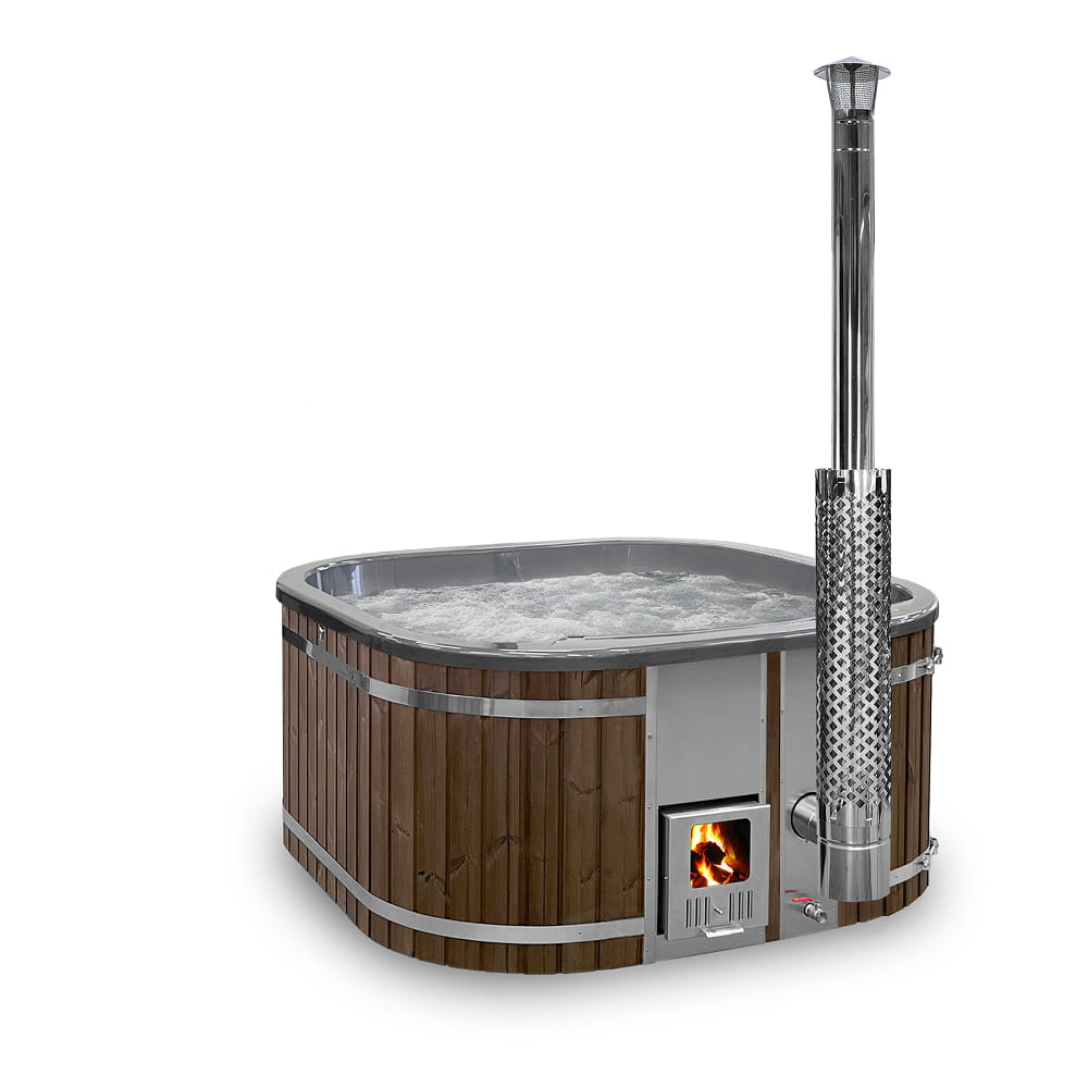 Wood-fired hot tub with wooden exterior and metal accents on a white background