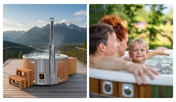 Side view of round stainless steel wood fired hot tub with wooden exterior steps on mountain deck and family relaxing in hot tub outdoors