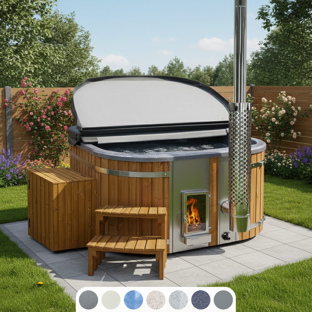 Square wood-fired hot tub with integrated Verta stove, open insulated cover, wooden steps and side filter box in a garden