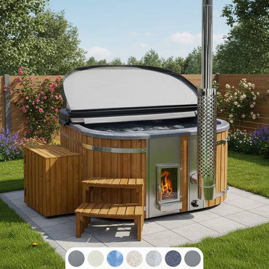 Square Wood Fired Hot Tub for 4-6 with Premium Filter & Targeted Massage With 24 Hydro Jets, Verta stove