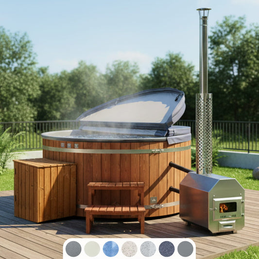 Premium Sandfilter Wood Fired Hot Tub with Jets | External stove | 24 jets | 4–8 seater