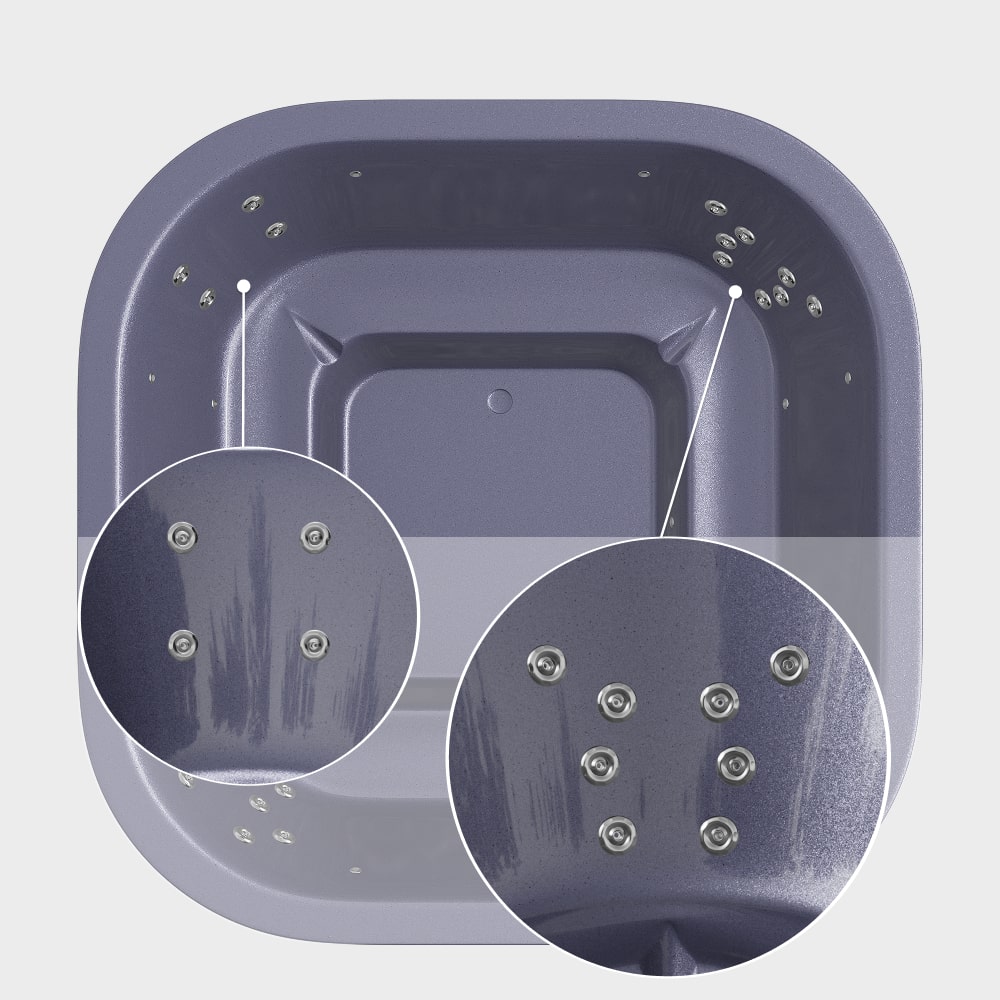 Top-down view of premium 4-8 seater whirlpool with 28 hydro jets and integrated Horizon stainless steel wood stove