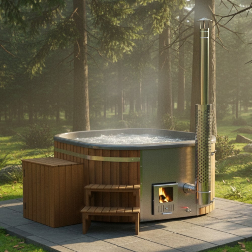 Square Wood Fired Hot Tub for 4-6 with Premium Filter & Targeted Massage with 24 Hydro Jets | Integrated stove
