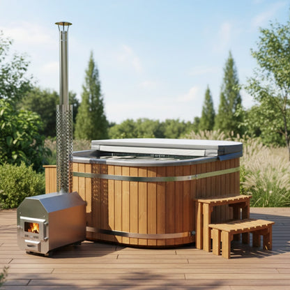 Square Wood Fired Hot Tub for 4-8 | Targeted Massage With 28 Hydro Jets | External Heater