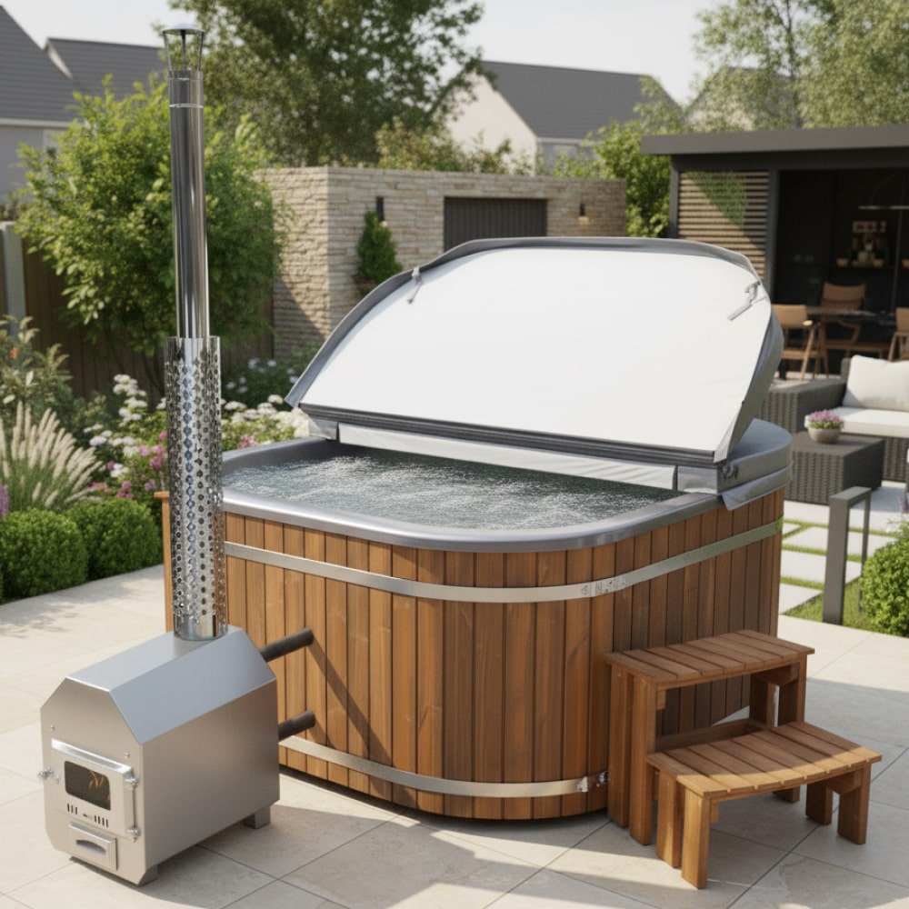 Premium Sandfilter Square Wood Fired Hot Tub with Jets | External stove | 24 jets | 4–8 seater