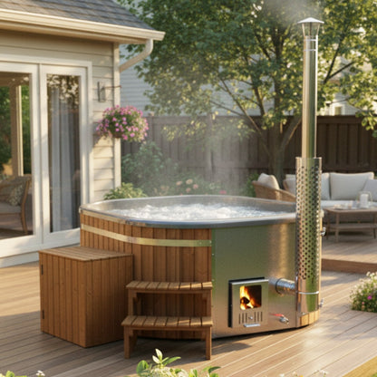 Premium Sandfilter Square Wood Fired Hot Tub with Jets | Integrated stove | 24 jets | 4–6 seater | AISI 316