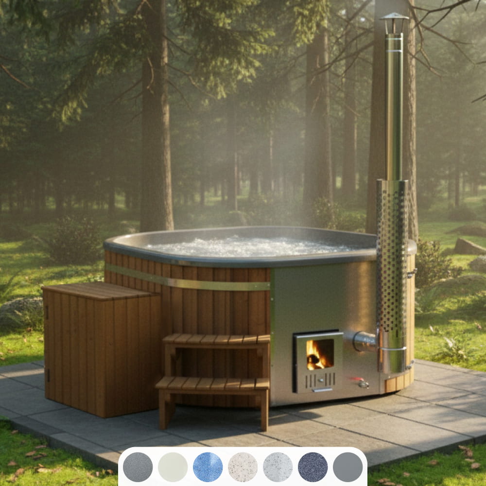 Square Wood Fired Hot Tub for 4-6 with Premium Filter & Targeted Massage with 24 Hydro Jets | Integrated stove