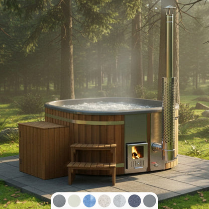 Square wood-fired hot tub withintegrated stainless steel heater on a terrace in forest
