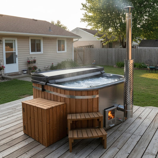 Super Offer Square Wood Fired Hot Tub with Jets | Integrated stove, sand filter & UV-C | 16 jets | 4–6 seater