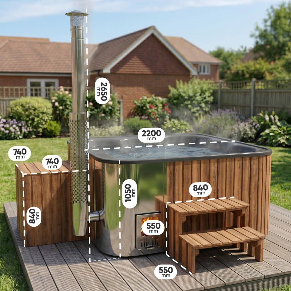 Square Hot tub with dimensions labeled on a wooden deck in a garden setting