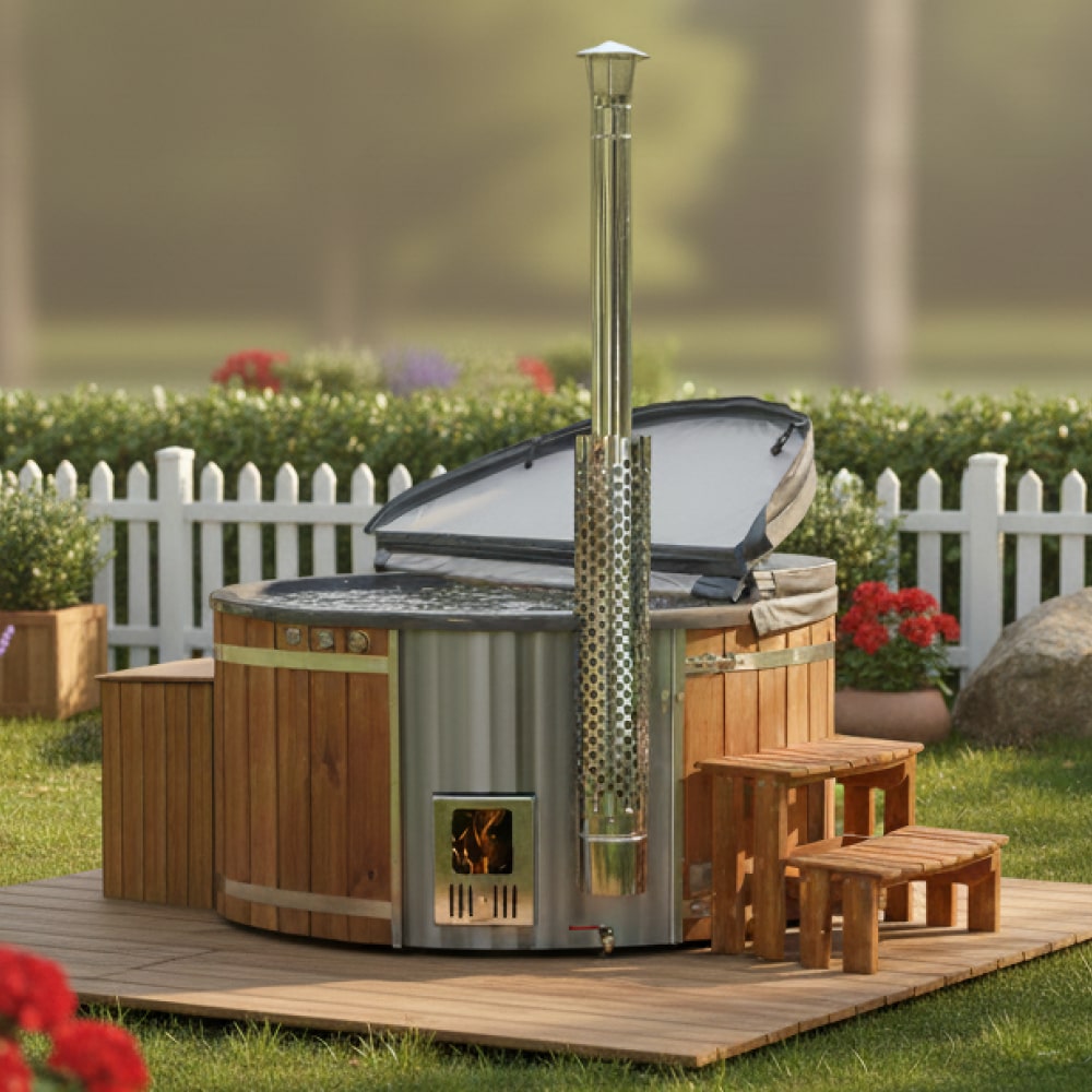 Wood Fired Hot Tub with Jets | Grey 6-8 | Sand Filter + UV-C | AISI316