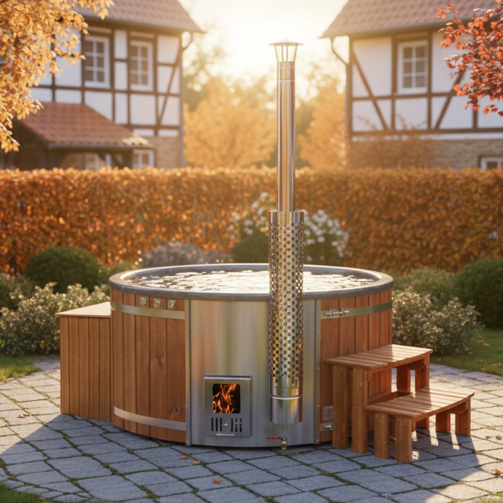 Outdoor view of premium 4-6 seater wood fired hot tub with integrated AISI 316 stove, wooden steps, and natural wood cladding