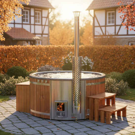 Premium Sandfilter Wood Fired Hot Tub with Jets | Integrated stove AISI 316 | 24 Hydro jets | 4–6 seater