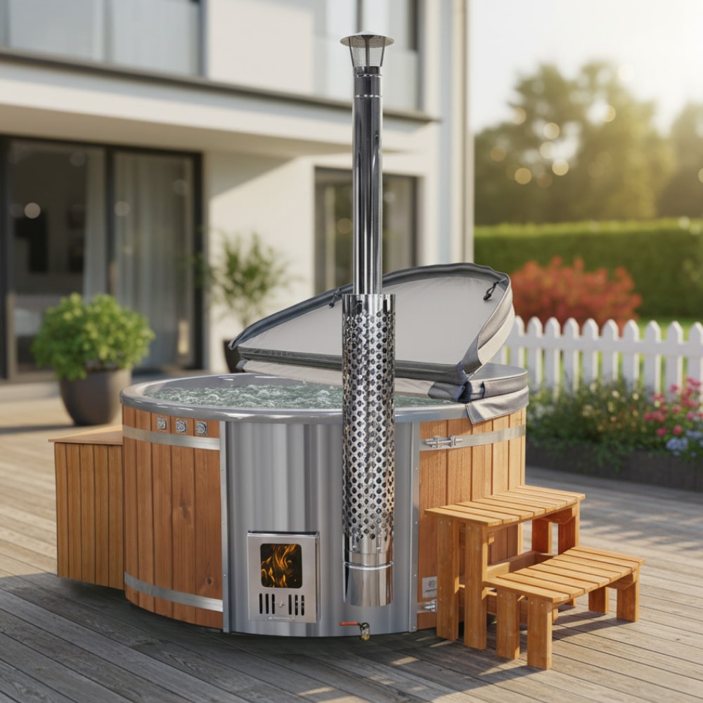 Super Offer Wood Fired Hot Tub with Jets | Integrated stove, sand filter & UV-C | 16 jets | 4–6 seater