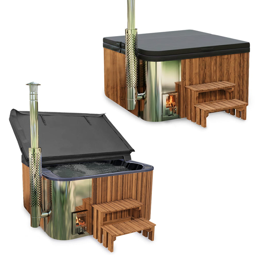 Premium Square Wood-Fired Hot Tub with 34 Hydro Jets & Reclining Lounger – Seats 6