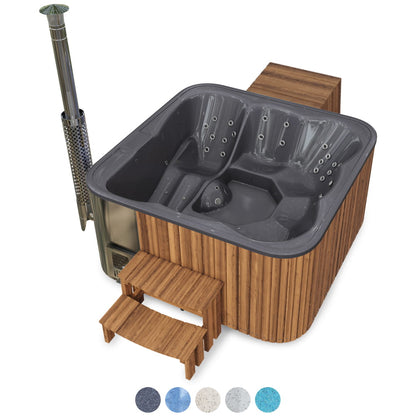 Premium Square Wood-Fired Hot Tub with 34 Hydro Jets & Reclining Lounger – Seats 6