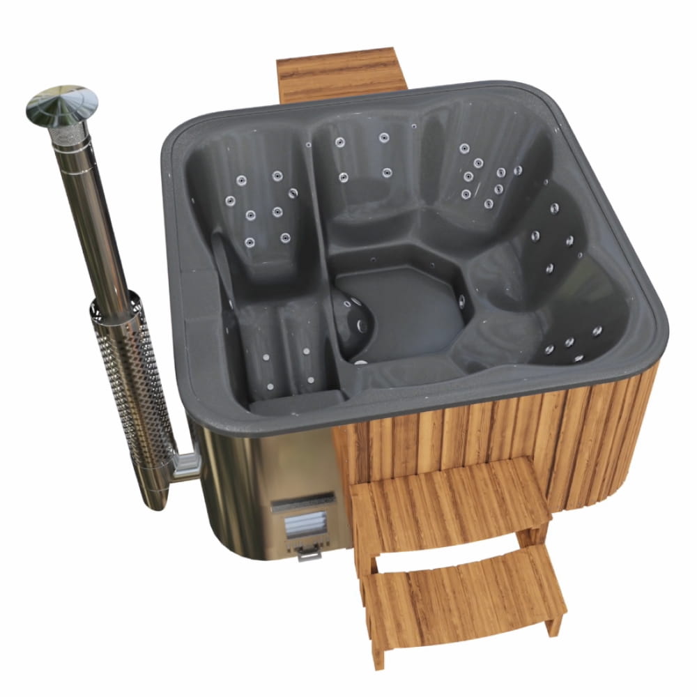 Premium Square Wood-Fired Hot Tub with 34 Hydro Jets & Reclining Lounger – Seats 6
