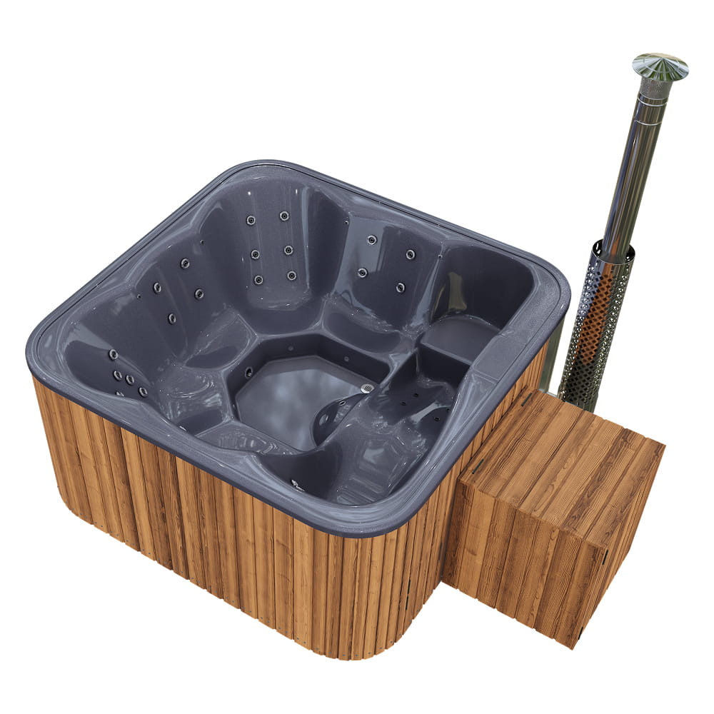 Hot tub with hydro jets, air jets, LED, flter, chimney, wooden exterior and gray interior on a white background
