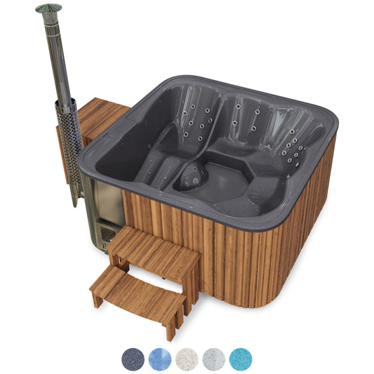 A square hot tub with a lounge seat and a dark gray interior liner, shown on a plain white background.