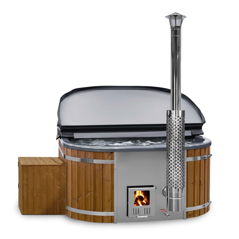 Super Offer Square Wood Fired Hot Tub with Jets | Integrated stove, sand filter & UV-C | 16 jets | 4–6 seater