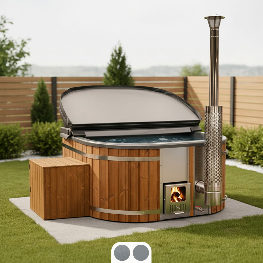 Wood-fired hot tub in square shape with chimney in a garden setting