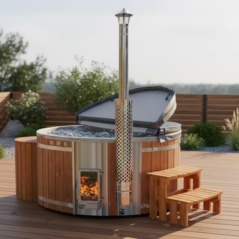 Outdoor view of insulated 4-6 seater wood fired hot tub with integrated Verta™ stove, chimney, and wooden steps on deck